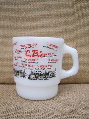 Vintage Anchor Hocking Fire King CB'er Lingo Milk Glass Mug